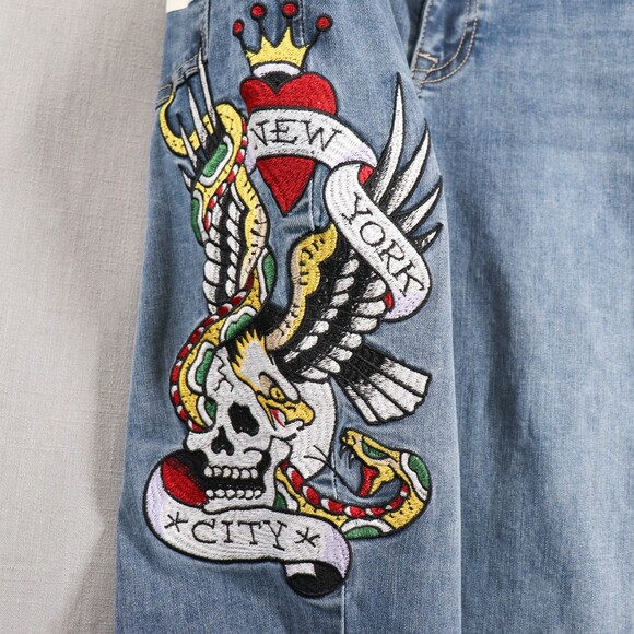 Y2K Ed Hardy Spell Out Bootcut Jeans Womens 32 Skull Snake Embroidered Denim - Picture 5 of 16
